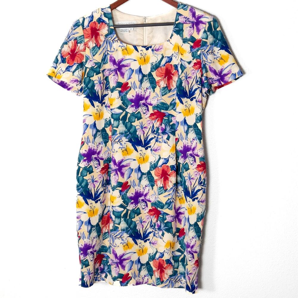 Maggy London Silk Sheath Dress Size 12 Blue Romantic Floral Flattering
